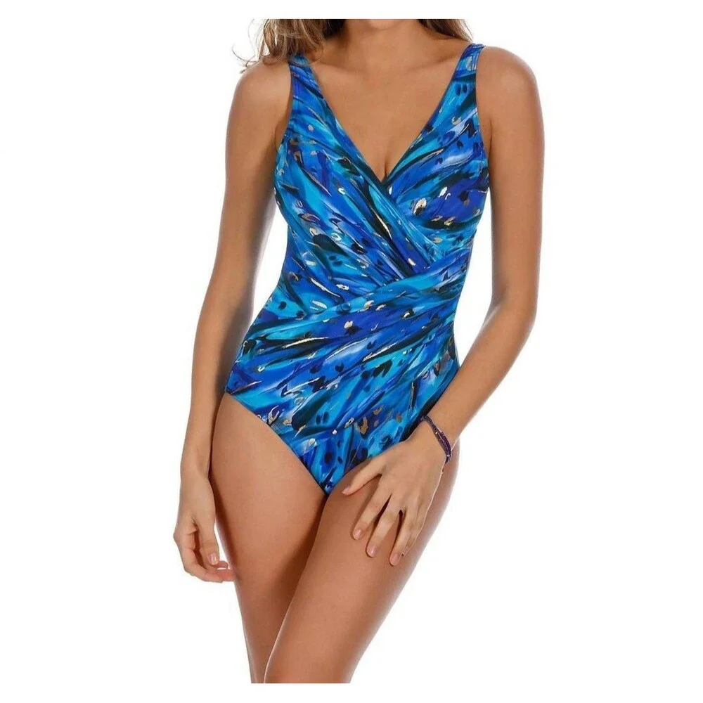 Miraclesuit Womens Animal Magnetism Oceanus One Piece Swimsuit Size 14 Blue Gold